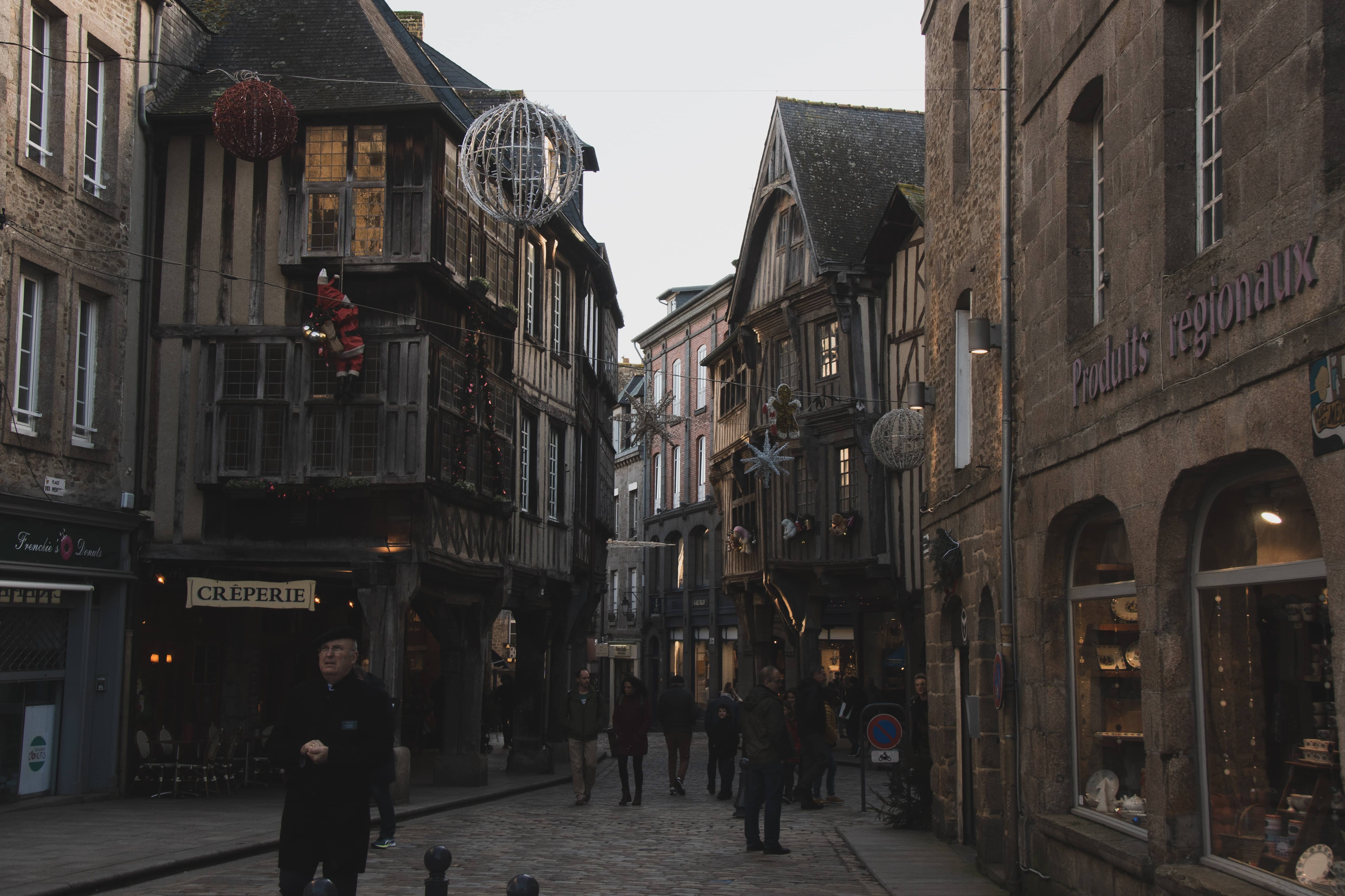 View of Dinan city walls and historic streets in Dinan 22100, Brittany